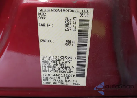 2016 Nissan Altima 2.5 Sr z USA, uszkodzony, nr VIN 1N4AL3AP4GC192076